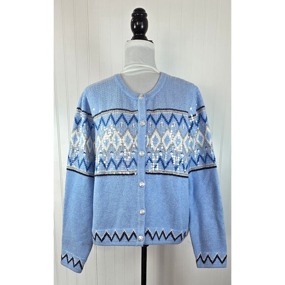 Loft Women's Sequin Fair Isle Cardigan Sweater Blue Shimmery Winter Holidays XXL - Picture 2 of 15
